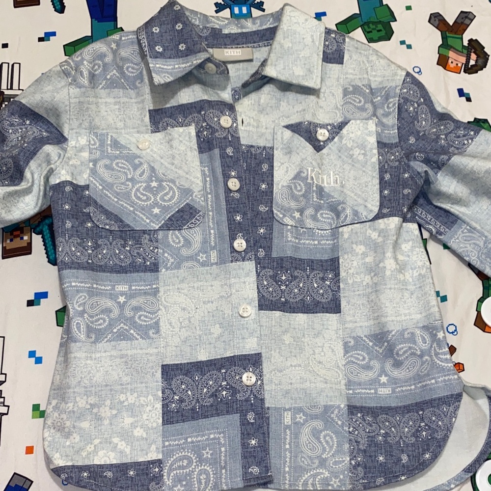 Kith Kids Blue and White Patchwork Button Down Shirt